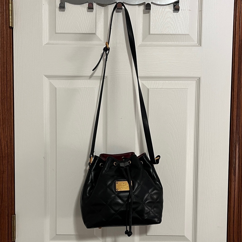 Emini House Black Quilted Leather Small Bucket Bag Purse w/ Gold Tone Hardware